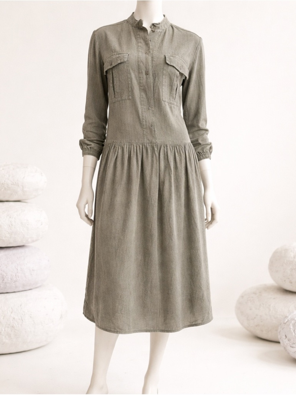 James Perse Olive-Green Long-Sleeve Cotton Shirt Dress